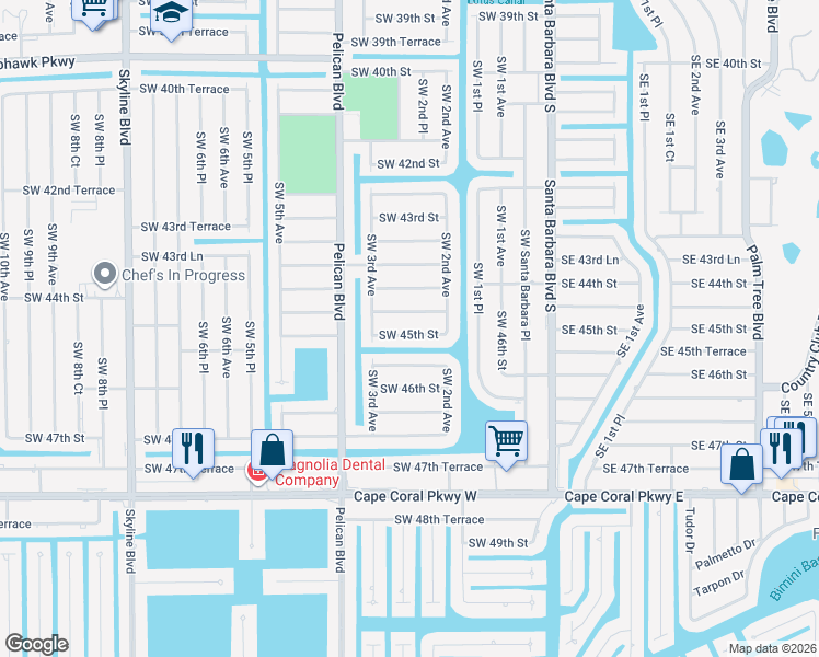 map of restaurants, bars, coffee shops, grocery stores, and more near 218 Southwest 45th Street in Cape Coral