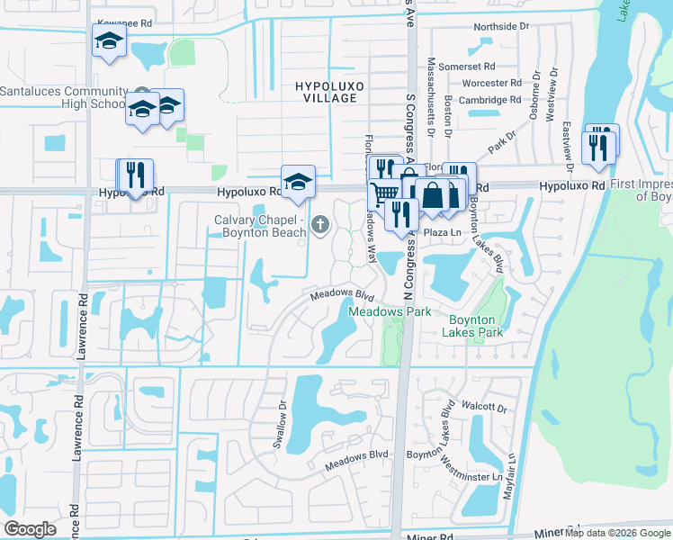 map of restaurants, bars, coffee shops, grocery stores, and more near 1017 Meadows Circle in Boynton Beach
