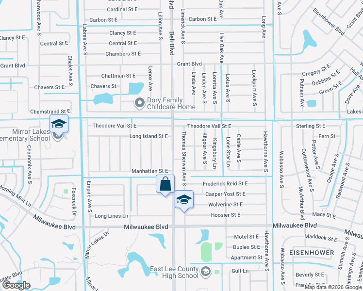 map of restaurants, bars, coffee shops, grocery stores, and more near 528 Thomas Sherwin Avenue South in Lehigh Acres