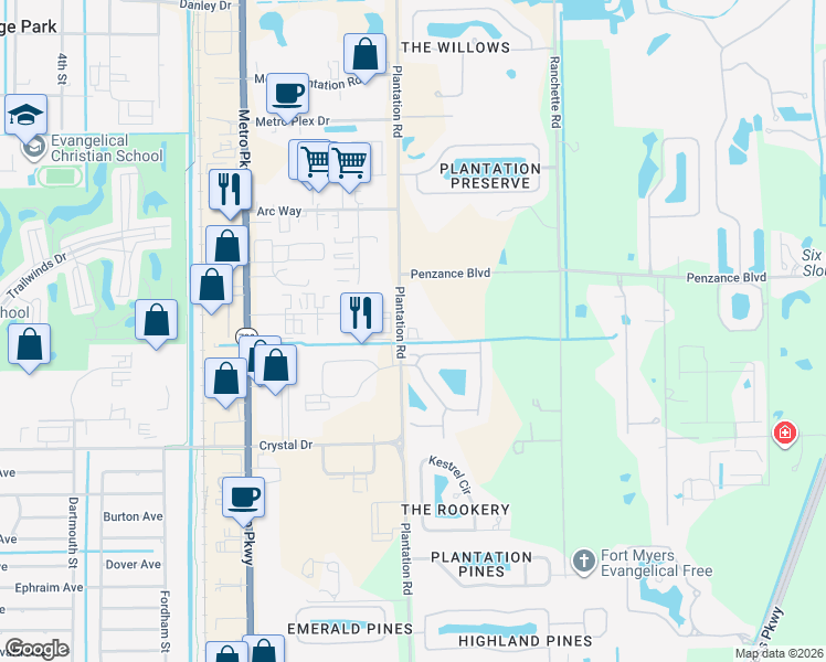 map of restaurants, bars, coffee shops, grocery stores, and more near 6624 Palmerston Drive in Fort Myers