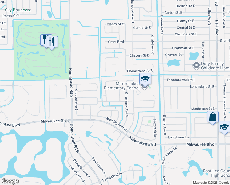 map of restaurants, bars, coffee shops, grocery stores, and more near 520 Croydon Avenue South in Lehigh Acres