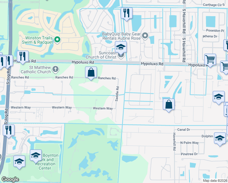 map of restaurants, bars, coffee shops, grocery stores, and more near 7235 Saddle Road in Lake Worth