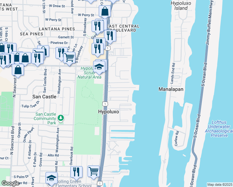map of restaurants, bars, coffee shops, grocery stores, and more near 154 Las Brisas Circle in Hypoluxo