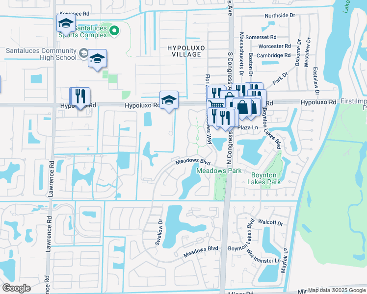 map of restaurants, bars, coffee shops, grocery stores, and more near 1017 Meadows Circle in Boynton Beach