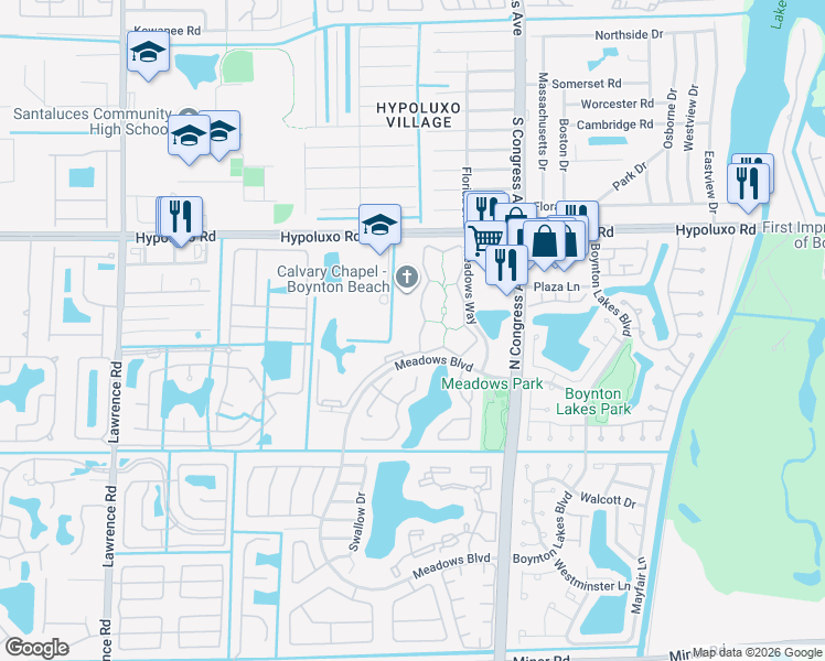 map of restaurants, bars, coffee shops, grocery stores, and more near 1623 Meadows Circle West in Boynton Beach