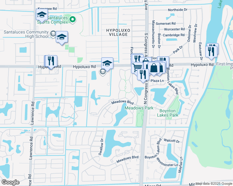 map of restaurants, bars, coffee shops, grocery stores, and more near 1017 Meadows Circle in Boynton Beach