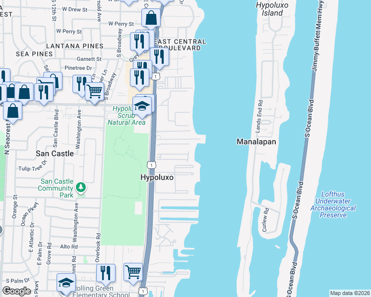 map of restaurants, bars, coffee shops, grocery stores, and more near 136 Las Brisas Circle in Hypoluxo