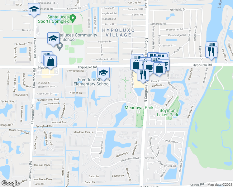 map of restaurants, bars, coffee shops, grocery stores, and more near 1017 Meadows Circle in Boynton Beach