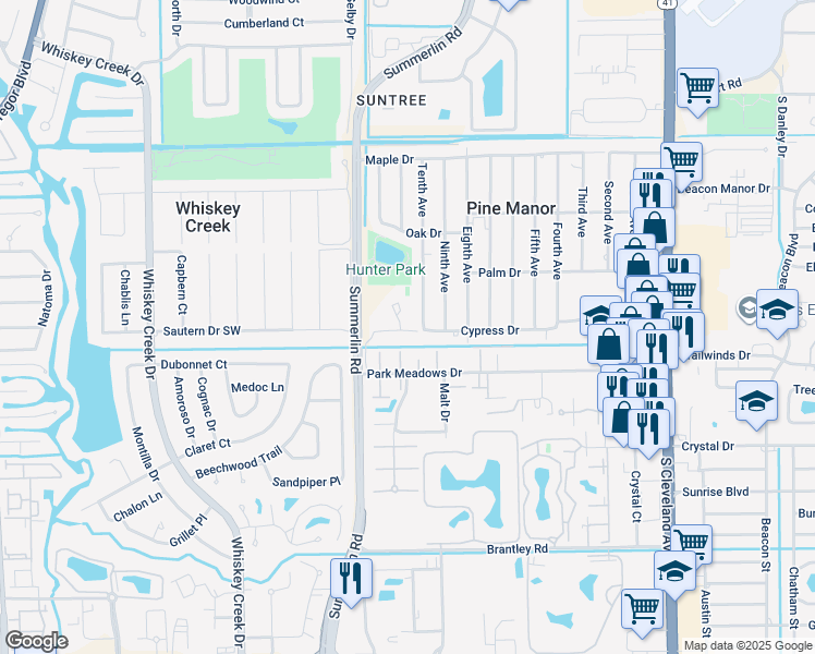 map of restaurants, bars, coffee shops, grocery stores, and more near 1555 Park Meadows Drive in Fort Myers