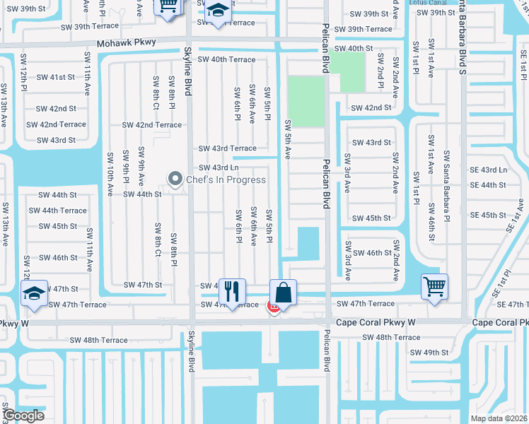 map of restaurants, bars, coffee shops, grocery stores, and more near 4510 Southwest 6th Avenue in Cape Coral