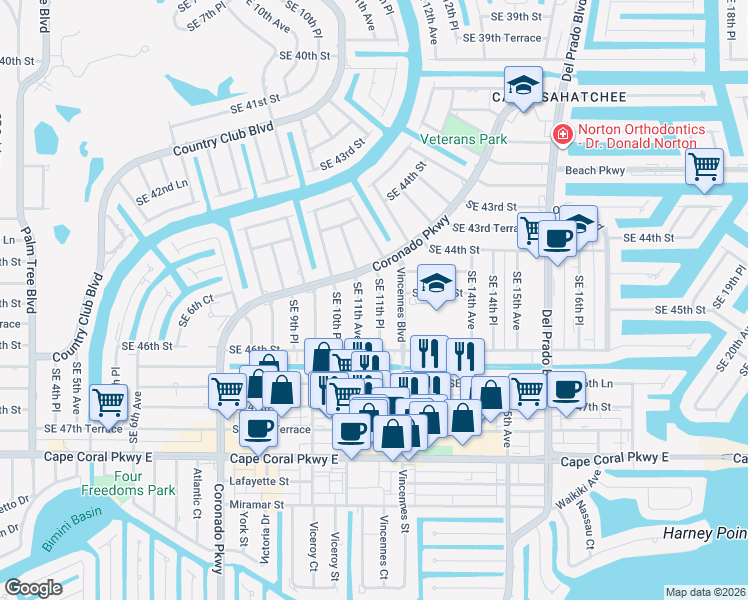 map of restaurants, bars, coffee shops, grocery stores, and more near 4535 Southeast 11th Place in Cape Coral