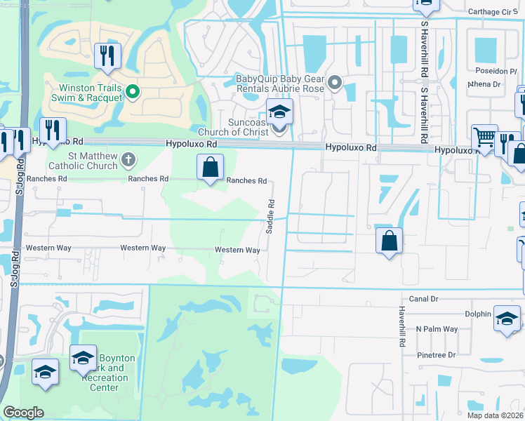 map of restaurants, bars, coffee shops, grocery stores, and more near 7235 Saddle Road in Lake Worth