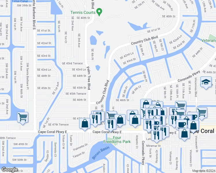 map of restaurants, bars, coffee shops, grocery stores, and more near 4427 Country Club Boulevard in Cape Coral