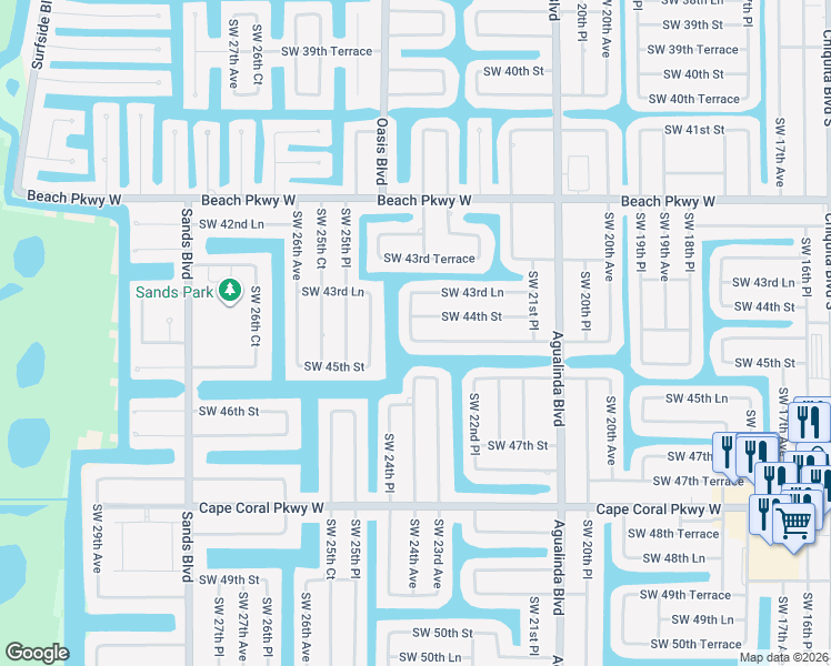 map of restaurants, bars, coffee shops, grocery stores, and more near 2317 Southwest 44th Street in Cape Coral