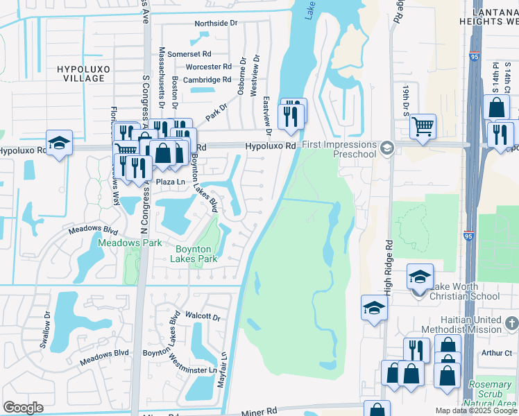 map of restaurants, bars, coffee shops, grocery stores, and more near 5 Corrie Place in Boynton Beach
