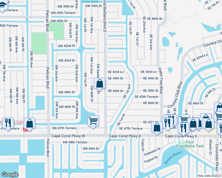 map of restaurants, bars, coffee shops, grocery stores, and more near 109 Southeast 45th Street in Cape Coral