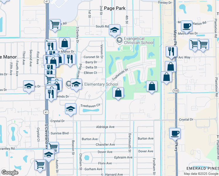 map of restaurants, bars, coffee shops, grocery stores, and more near 5670 Trailwinds Drive in Fort Myers