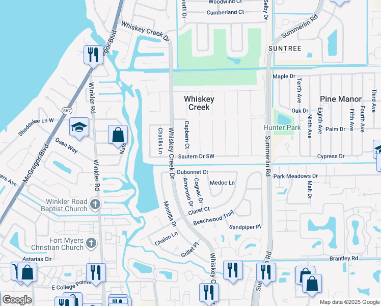 map of restaurants, bars, coffee shops, grocery stores, and more near 5480 Capbern Court in Fort Myers