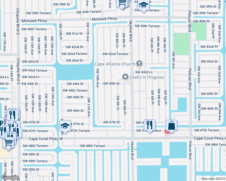 map of restaurants, bars, coffee shops, grocery stores, and more near 4402 Southwest 8th Court in Cape Coral