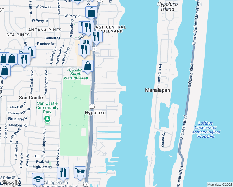 map of restaurants, bars, coffee shops, grocery stores, and more near 153 Ocean Cay Way in Hypoluxo