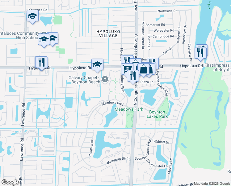 map of restaurants, bars, coffee shops, grocery stores, and more near 916 Meadows Circle in Boynton Beach