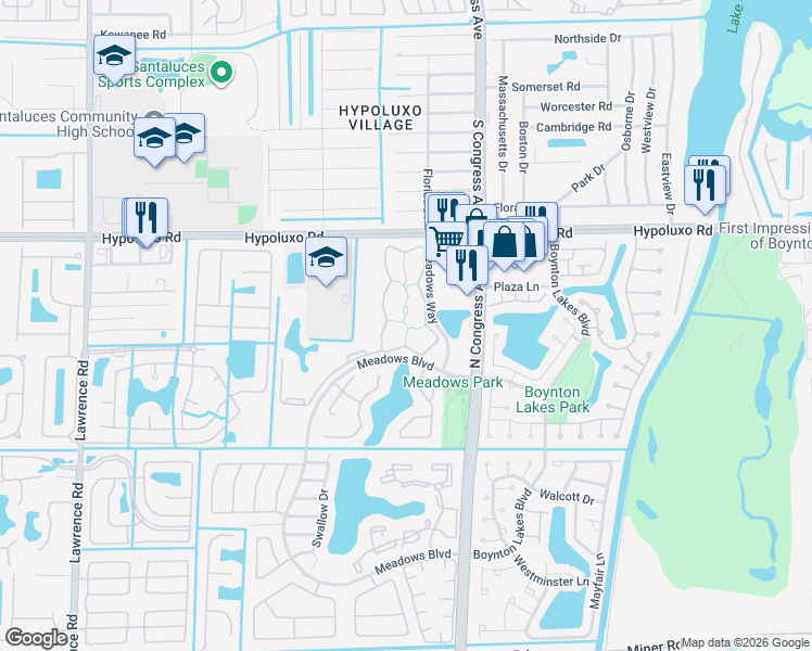 map of restaurants, bars, coffee shops, grocery stores, and more near 916 Meadows Circle in Boynton Beach