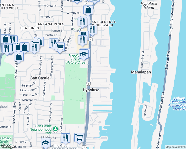 map of restaurants, bars, coffee shops, grocery stores, and more near 7200 South Federal Highway in Lantana