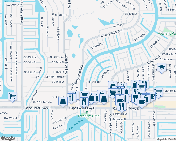 map of restaurants, bars, coffee shops, grocery stores, and more near 4520 Southeast 5th Place in Cape Coral