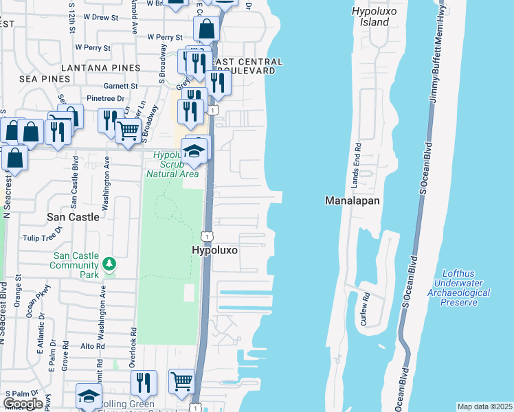 map of restaurants, bars, coffee shops, grocery stores, and more near 123 Park Lane East in Hypoluxo