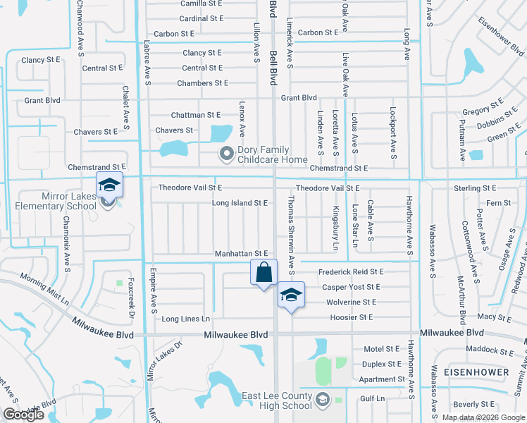 map of restaurants, bars, coffee shops, grocery stores, and more near 751 Long Island Street East in Lehigh Acres