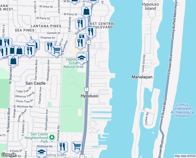 map of restaurants, bars, coffee shops, grocery stores, and more near 109 Park Lane East in Hypoluxo