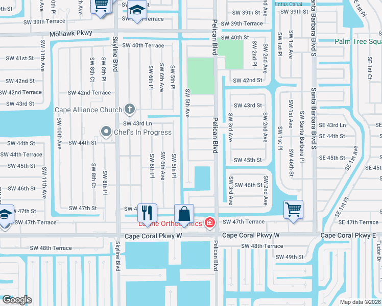 map of restaurants, bars, coffee shops, grocery stores, and more near 425 Southwest 44th Terrace in Cape Coral