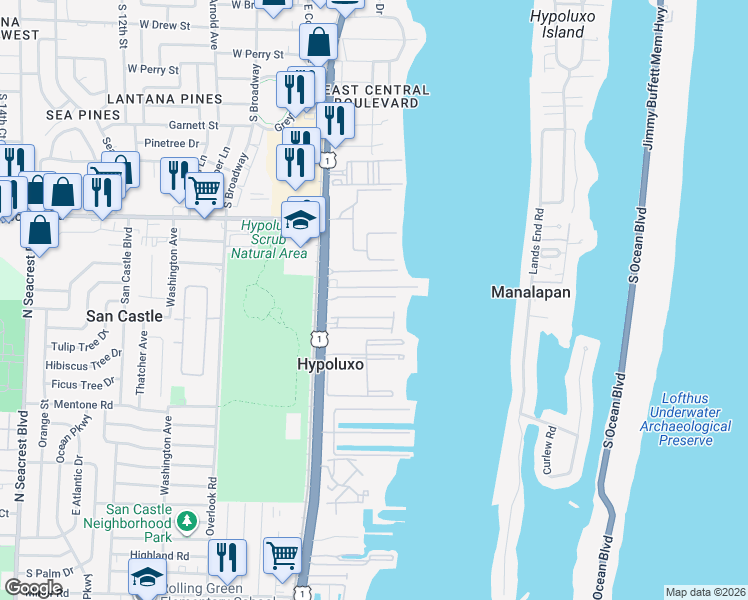 map of restaurants, bars, coffee shops, grocery stores, and more near 130 Ocean Cay Way in Hypoluxo