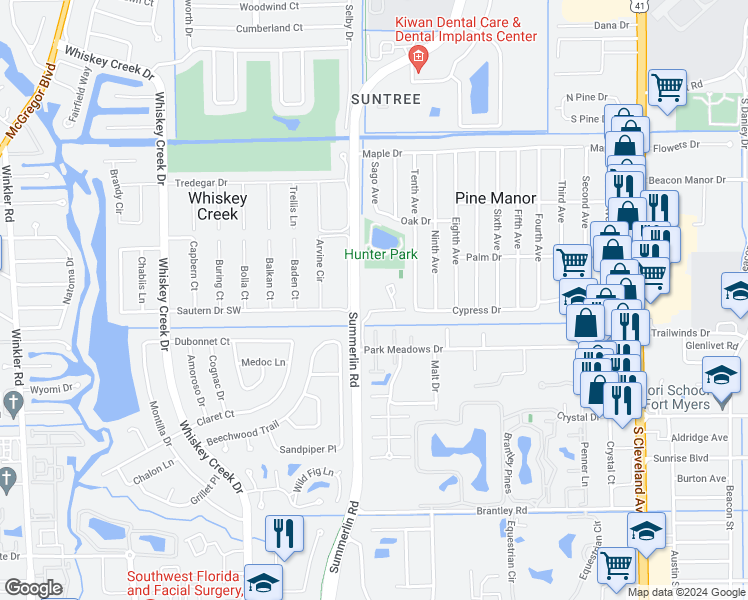 map of restaurants, bars, coffee shops, grocery stores, and more near 7738 Tamara Lee Court in Fort Myers