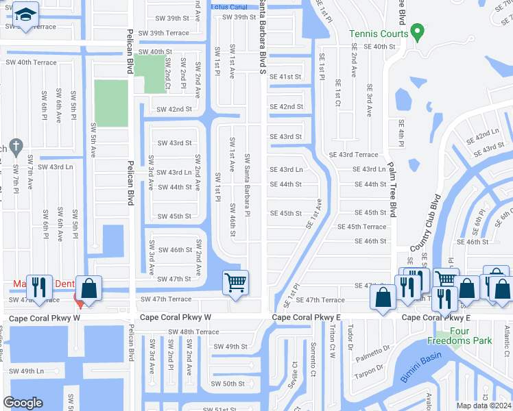 map of restaurants, bars, coffee shops, grocery stores, and more near 4411 Southwest Santa Barbara Place in Cape Coral