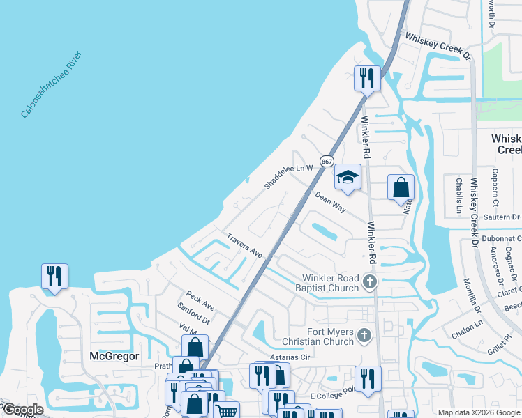 map of restaurants, bars, coffee shops, grocery stores, and more near 5647 Shaddelee Lane West in Fort Myers
