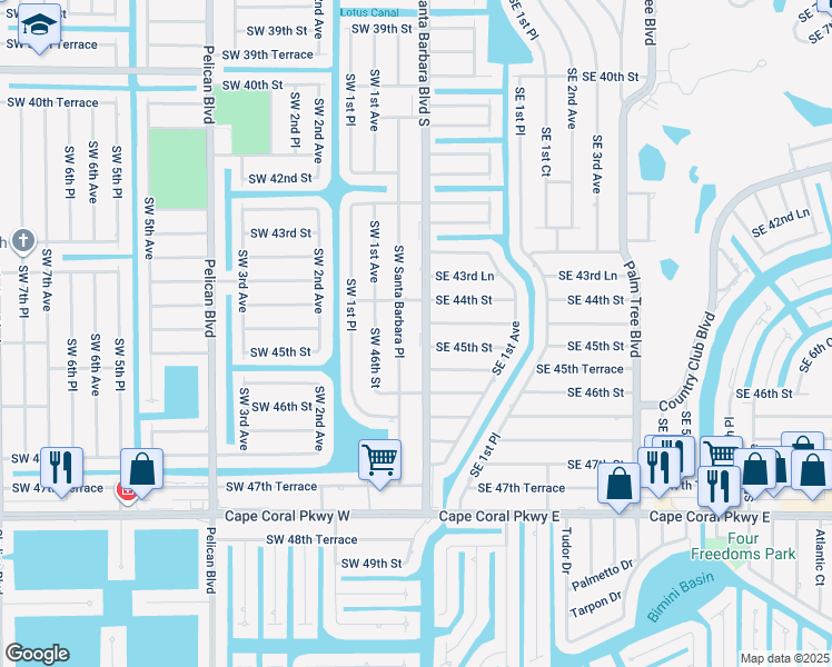 map of restaurants, bars, coffee shops, grocery stores, and more near 4411 Southwest Santa Barbara Place in Cape Coral
