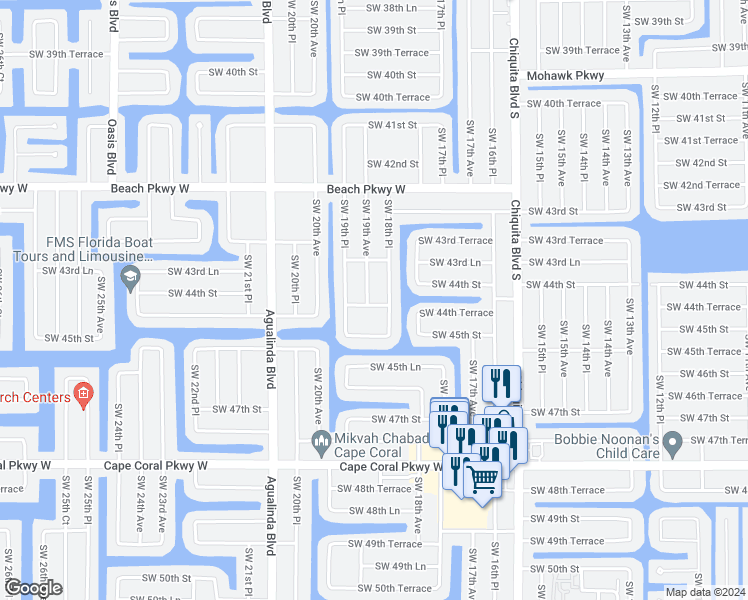 map of restaurants, bars, coffee shops, grocery stores, and more near 4411 Southwest 19th Avenue in Cape Coral