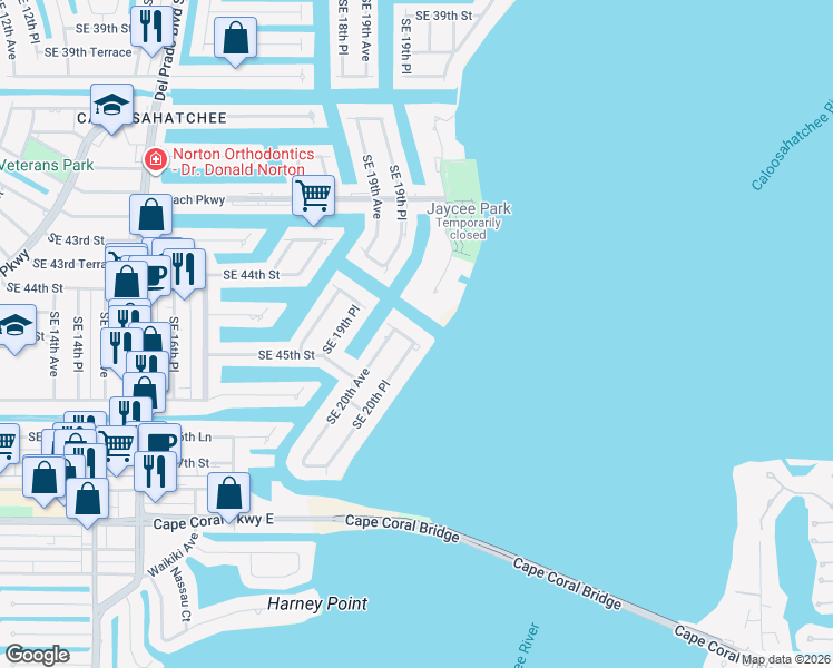 map of restaurants, bars, coffee shops, grocery stores, and more near 2021 Southeast 44th Street in Cape Coral