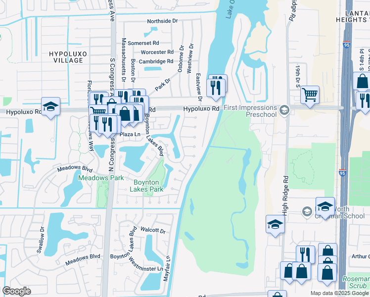 map of restaurants, bars, coffee shops, grocery stores, and more near 51 Paxford Lane in Boynton Beach