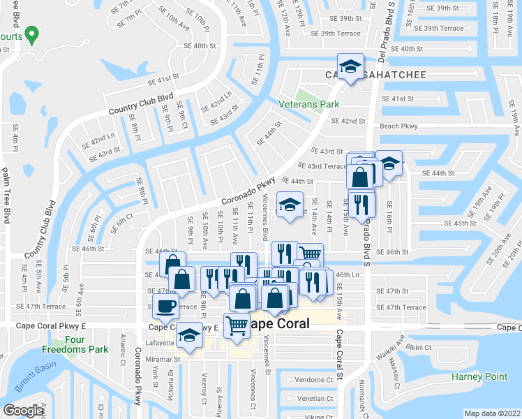 map of restaurants, bars, coffee shops, grocery stores, and more near 4420 Vincennes Boulevard in Cape Coral
