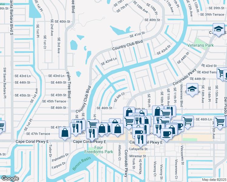 map of restaurants, bars, coffee shops, grocery stores, and more near 4508 Southeast 6th Place in Cape Coral