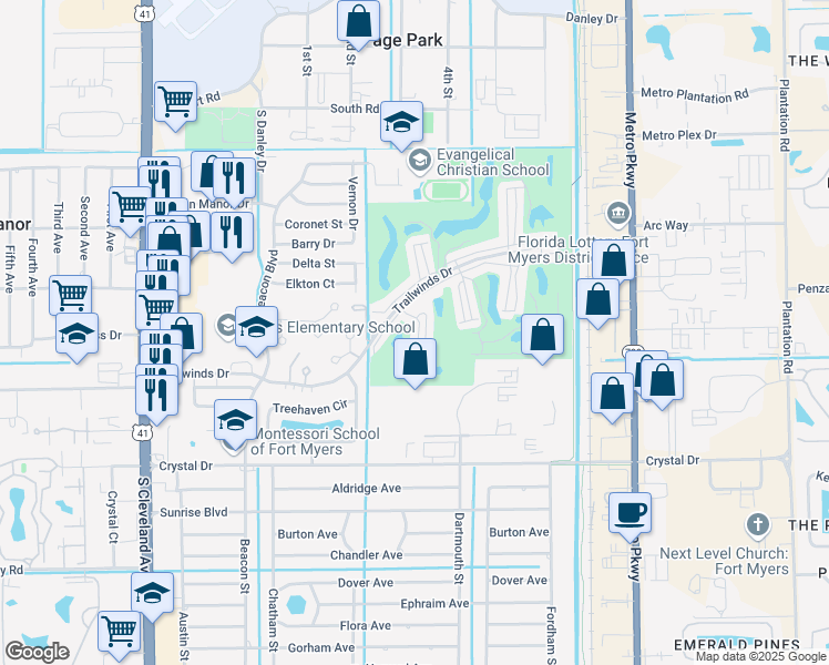 map of restaurants, bars, coffee shops, grocery stores, and more near 5660 Trailwinds Drive in Fort Myers