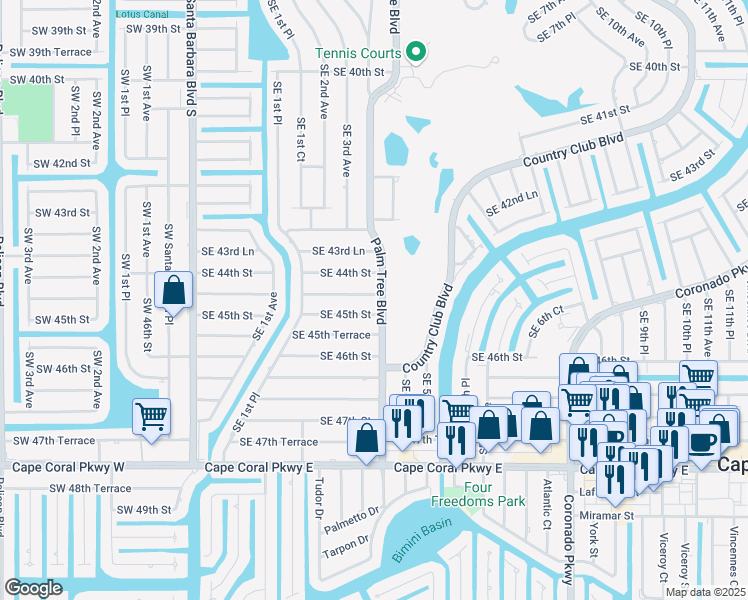 map of restaurants, bars, coffee shops, grocery stores, and more near 246 Southeast 44th Terrace in Cape Coral