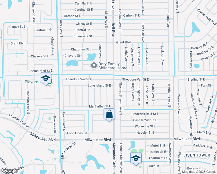 map of restaurants, bars, coffee shops, grocery stores, and more near 751 Long Island Street East in Lehigh Acres