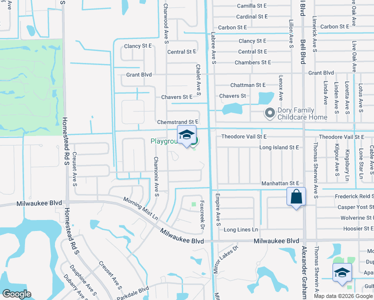 map of restaurants, bars, coffee shops, grocery stores, and more near 525 Charwood Avenue South in Lehigh Acres