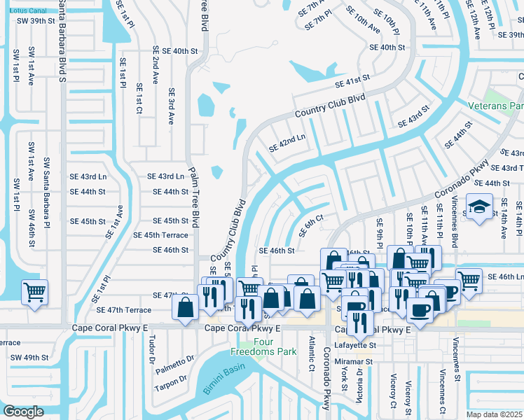 map of restaurants, bars, coffee shops, grocery stores, and more near 4520 Southeast 5th Place in Cape Coral