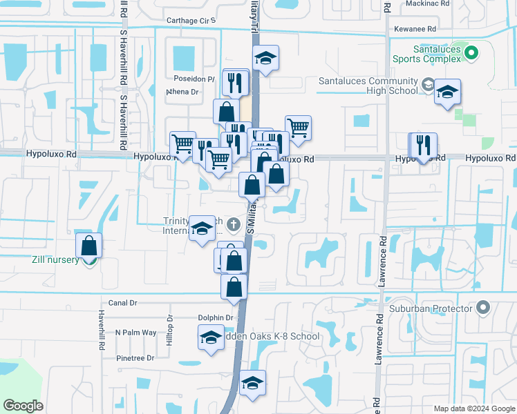 map of restaurants, bars, coffee shops, grocery stores, and more near 7164 Colony Club Drive in Lake Worth