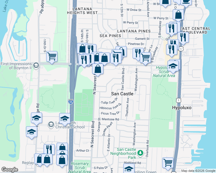 map of restaurants, bars, coffee shops, grocery stores, and more near 4090 Old Spanish Trail in Lantana
