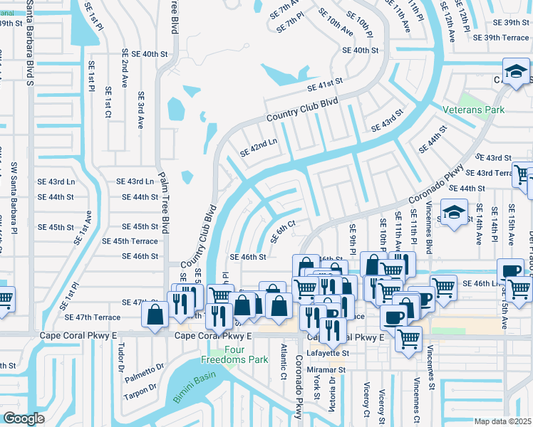 map of restaurants, bars, coffee shops, grocery stores, and more near 4508 Southeast 6th Place in Cape Coral